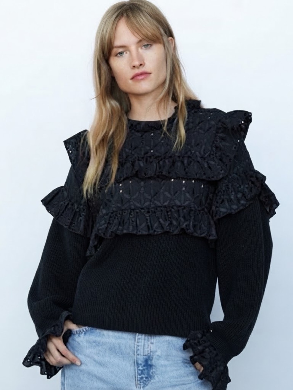 Zara Sz M Black Knit Eyelet Ruffle Feminine Sweater